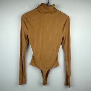 Womens Long Sleeve Midweight Turtleneck Ribbed Pullover Rust Orange Bodysuit